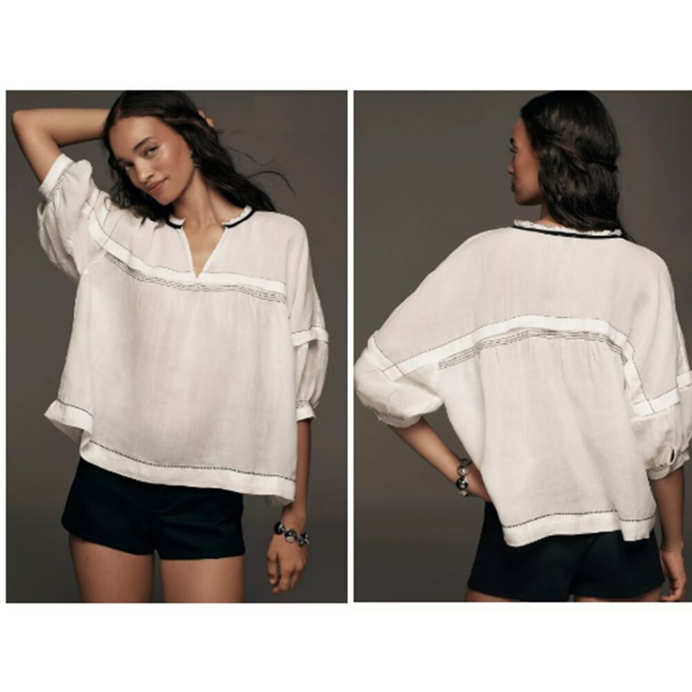 ANTHROPOLOGIE Maeve Ballon-Sleeve V-Neck Stitched Blouse
